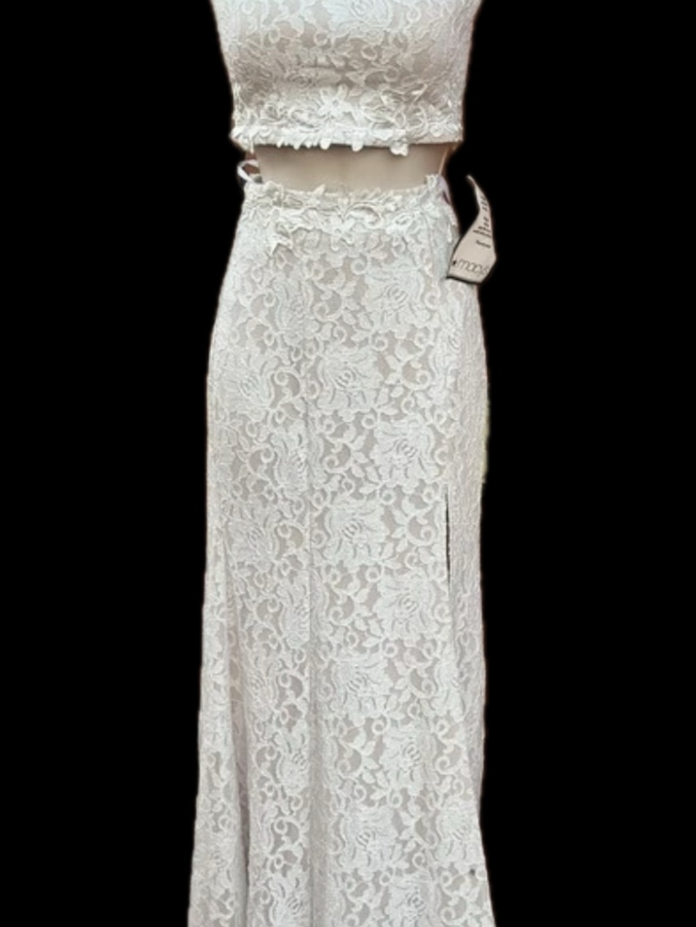 Sequin Hearts Glitter White Lace Maxi Skirt and Crop Top.